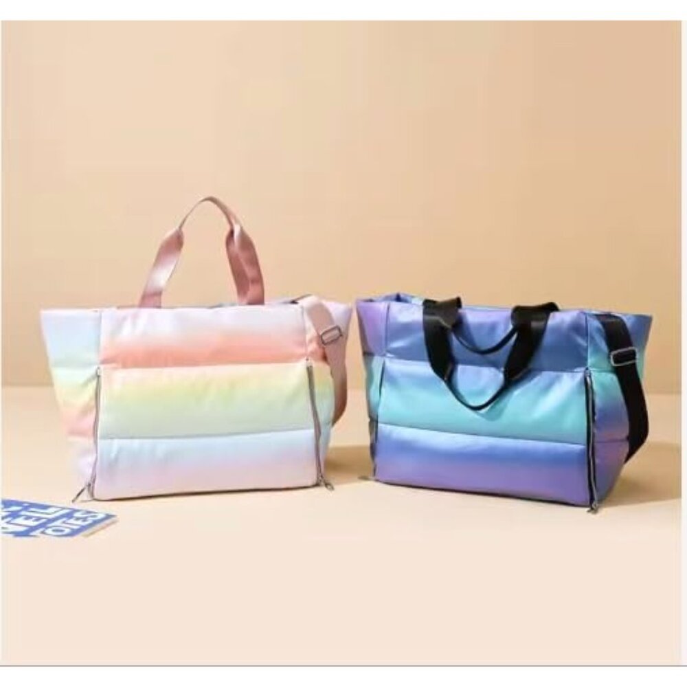 Rainbow Pastel Waterproof Beach Tote Bag for Women - Lightweight Quilted Shoulde - Picture 3 of 8